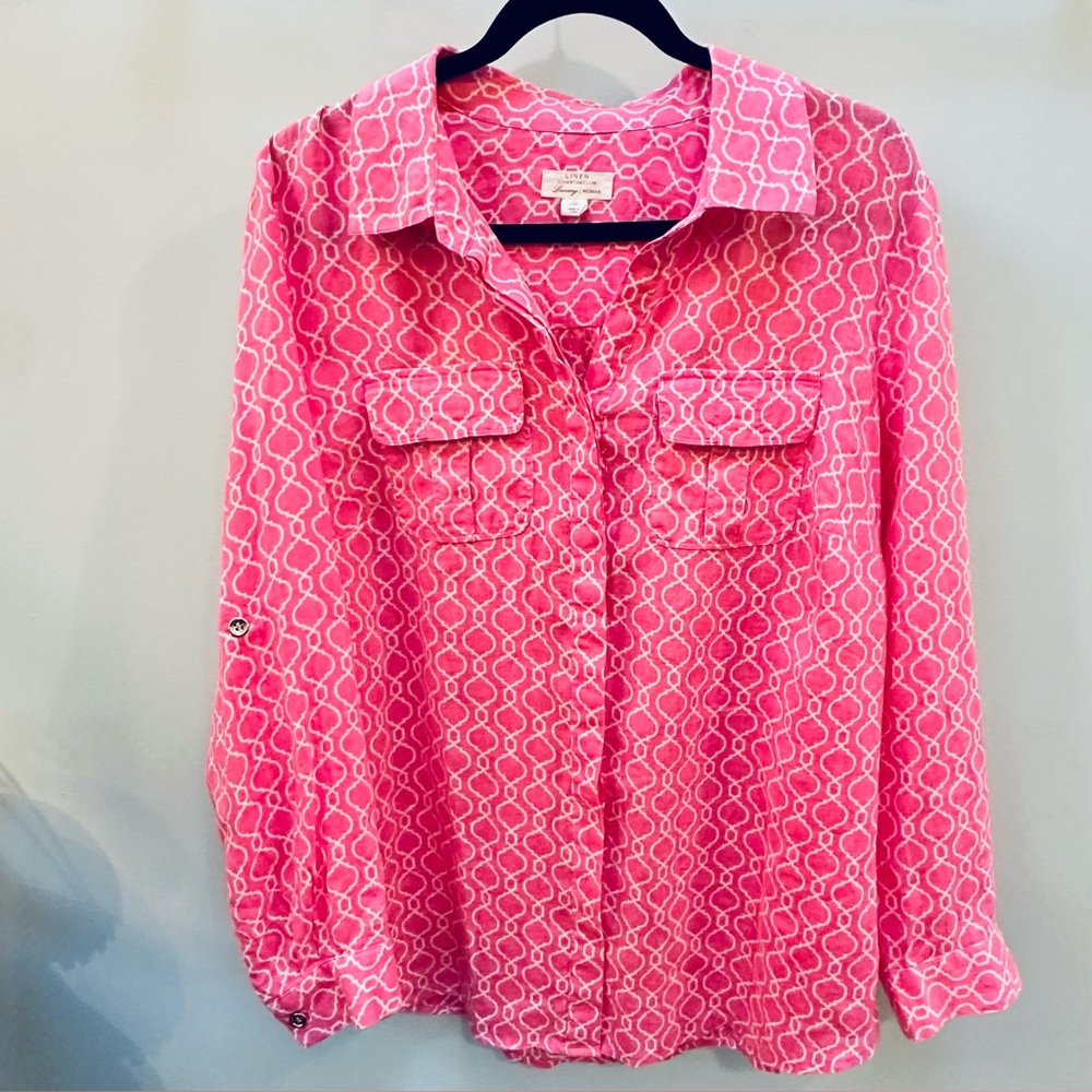 Charter Club Linen Pink Patterned Women's Top Size 1X w Bonus Beaded Necklace